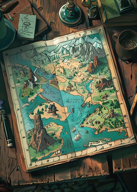 a full pastel colour design of a cartoon map on a desk of an adventurer --v 6 Magic Map Art, D&d Props, D And D Art, Map Making Ideas, Dnd Map Ideas, World Map Ideas, Game Map Design, Map Design Illustration, Fantasy Map Creator