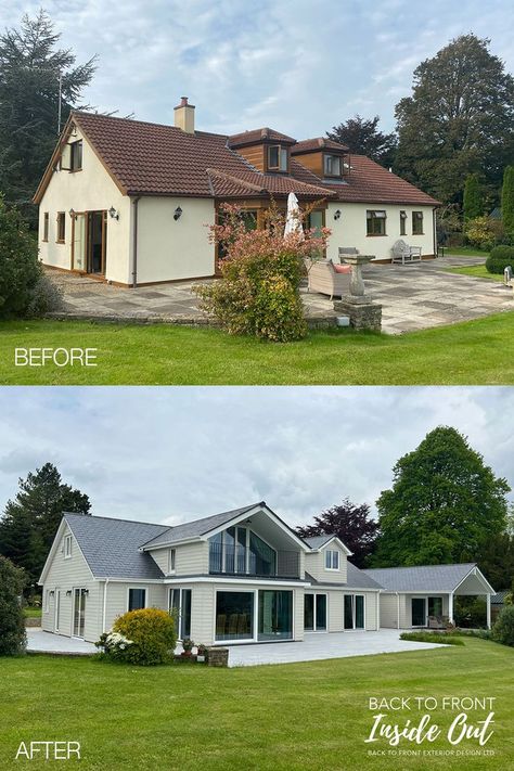 Before shows cream chalet bungalow with red tile roof with after showing it clad in soft grey weatherboard, a new slate roof, and lots of glazing in the gable extension. Cladding Bungalow Exterior, Bungalow Renovation Before And After Uk, Bungalow Conversion Before And After, Bungalow Exterior Makeover, 70s Home Exterior, Bungalow Curb Appeal, Exterior Renovation Before And After, Coastal Exteriors, Chalet Bungalow