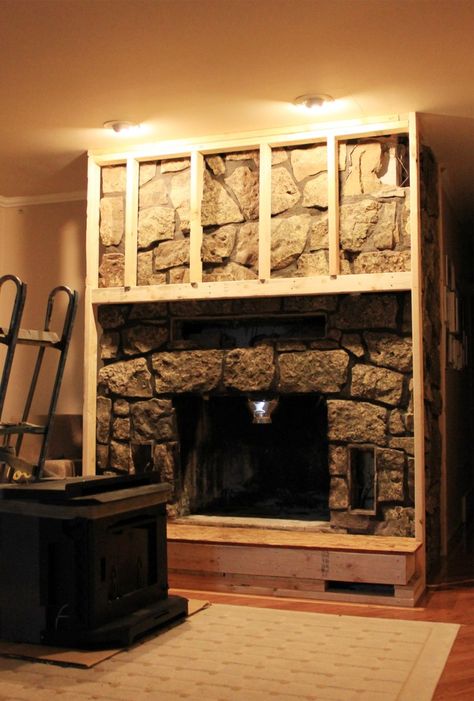 Fireplace Build Out Insert How To Plaster Over Stone Fireplace, Large Rock Fireplace Makeover, Plaster Over Rock Fireplace, Covering Stone Fireplace, Faux Stone Fireplace Surround, Plaster Over Stone Fireplace, Old Stone Fireplace Makeover, River Rock Fireplace Makeover, Painting Stone Fireplace