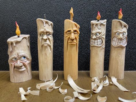 Whittling Patterns, Weird Candles, Wood Carving Art Sculpture, Handmade Wood Crafts, Carved Candles, Wood Carving Faces, Hand Carved Walking Sticks, Dremel Carving, Simple Wood Carving