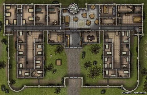 The Asylum - Free Version | Tom Cartos on Patreon Fallout Map, Chill House, Jack Of Hearts, The Asylum, Campaign Ideas, Tabletop Rpg Maps, Architectural Floor Plans, Rpg Map, Dungeon Maps