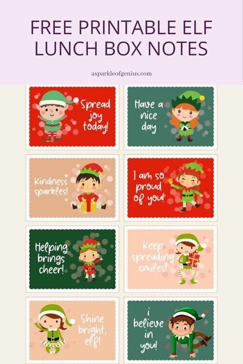 Free printable Elf Lunch Box Notes designed to bring holiday cheer to kids' mealtime, featuring colorful designs and cheerful messages. Lunchbox Notes For Kids, Lunchbox Notes, Christmas Cards Kids, Christmas Note, Printable Notes, Lunch Box Notes, Holiday Magic, Whimsical Illustration, Lunch Time