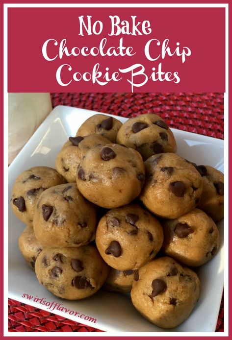 No Bake Chocolate Chip Cookies is an easy recipe for cookies that will keep your kitchen cool. With just a few ingredients you can have delicious chocolate chip cookies and not even turn your oven on! Our cookie bites are the perfect recipe on a hot day or when you need cookies in a hurry. #nobake #chocolatechipcookies #cookiebites #swirsofflavor #raw #cookies #cookiedough No Bake Cookies Recipe Chocolate Chip, No Bake Cookies Chocolate Chips, Chocolate Chip Recipes Easy No Bake, Cookie Recipes No Chocolate Chips, No Bake Chocolate Chip Cookies, Chocolate Chip Balls, Cholate Chip Cookies, Chocolate Chip Recipes Easy, Chocolate Chip Cookie Bites