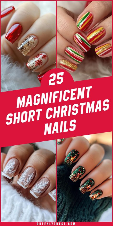 Short Christmas nails bring big holiday cheer! Uncover 25 dazzling designs that prove you don't need length to make a festive statement. From glittery ombre to cute reindeer accents, these compact nail art ideas will keep your hands looking merry and bright throughout the season. Embrace the joy of low-maintenance holiday glamour! Christmas Short Nail Art Designs, Christmas And New Years Nails Short, Holiday Nails Acrylic Short Square, Christmas Light Manicure, Christmas Party Nails Short, Shorts Christmas Nails, Christmas Nails By Skin Tone Range, Nails Design Christmas Holiday, Chrome Christmas Nails Short