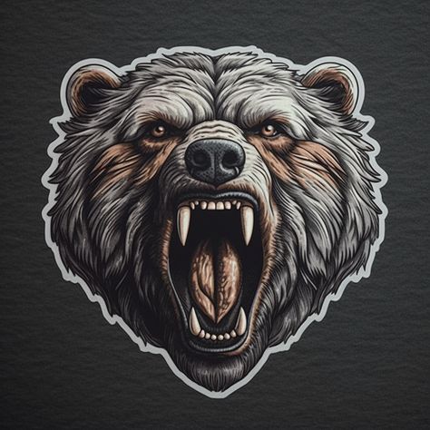 The roaring bear sticker captures the intense moment of a bear's fierce roar. Gray, brown colors and intricate details showcase its power, making it a striking and captivating addition to any surface. Flash Tatoos, Tattoo Bear, Roaring Bear, Tattoo Character, Bear Tattoo Designs, Bear Artwork, Bear Sticker, Bear Tattoo, Bear Head