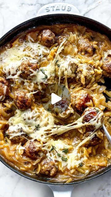 Orzo Meatball Recipe, Orzo Meatball Bake, Orzo Meatballs, French Onion Meatballs With Orzo, French Onion Orzo Pasta, Meatballs Orzo, Orzo Dinner, Onion Meatballs, Skillet Dinners