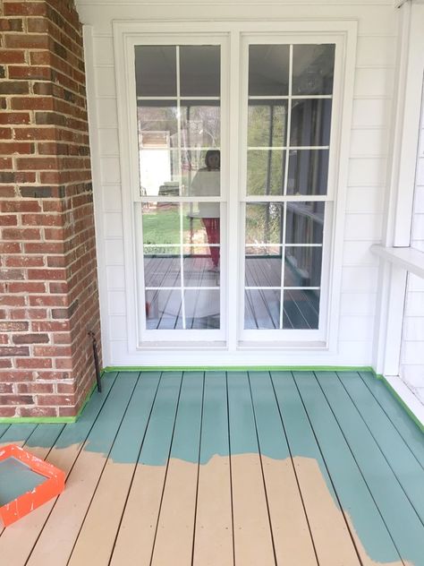 Our Porch Makeover: Painting the Floor Painted Verandah Floor, Painted Porch Floors Wood, Screen Porch Paint Colors, Painted Wood Porch Floor, Front Porch Painting Ideas, Painting Porch Floors, Painted Deck Floors Wood, Porch Floors Ideas, Wood Porch Floor Paint Colors