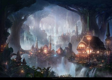 Elf City, Ars Magica, Elven City, Fantasy Backgrounds, Dragon Raja, Tree Town, Elves Fantasy, Fantasy Background, Fantasy City