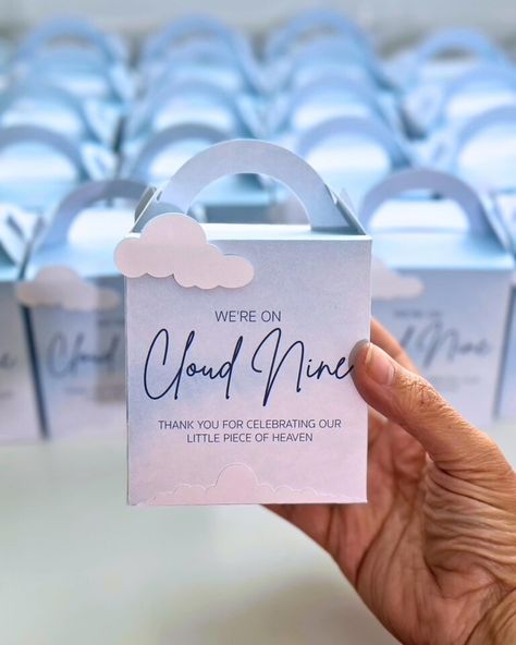 On Cloud Nine favor boxes. Great for a baby shower. #oncloudnine #babyshowerpartyfavors #babyshowers On Cloud 9 Wedding Theme, We Are On Cloud 9 Baby Shower Theme, On Cloud Nine Party Favors, Cloud Nine Party Favors, On Cloud 9 Shower Theme, On Cloud 9 Baby Shower Theme Girl, Baby Shower On Cloud 9, Up In The Clouds Baby Shower Theme, Cloud Themed Baby Shower Ideas