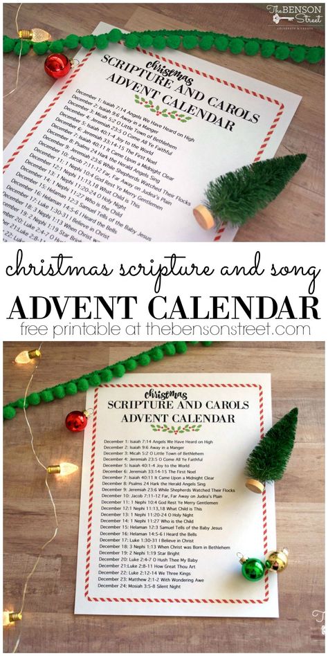 A fun way to get into the Christmas spirit with a Scripture and Carol Advent Calendar free printable at thebensonstreet.com #freeprintable #hisday #lds #ldsprintables #christmasprintables #christmas Scripture Advent Calendar For Kids, Lds Christmas Advent Calendar, Lds Christmas Countdown, Christmas Scripture Advent Calendar Lds, Lds Advent Calendar Scriptures, Scripture Advent Calendar Lds, Advent Verses For Kids, Christmas Advent Scriptures, Bible Advent Calendar