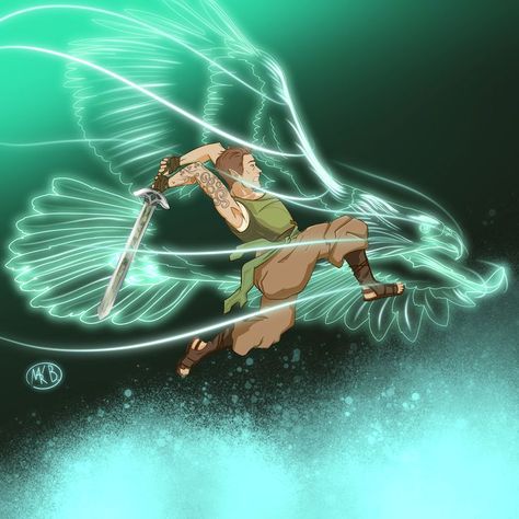 Orym of the Air Ashari in a graceful leap with a sword surrounded by the aura of an eagle spirit. Orym Of The Air Ashari, Liam O Brien, Critical Role Characters, Critical Role Fan Art, Dnd Art, An Eagle, The Eagle, Nerd Geek, Critical Role