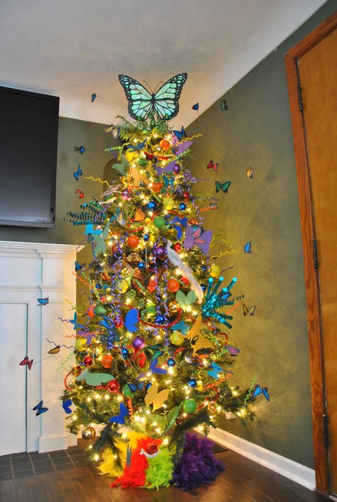 Butterfly Christmas Tree Topper, Butterfly Themed Christmas Tree, Butterfly Christmas Tree Ideas, Butterfly Christmas Tree, Unique Christmas Trees Themes, Ugly Christmas Tree, Birthday Tree, Butterfly Christmas, Rainbow Christmas Tree