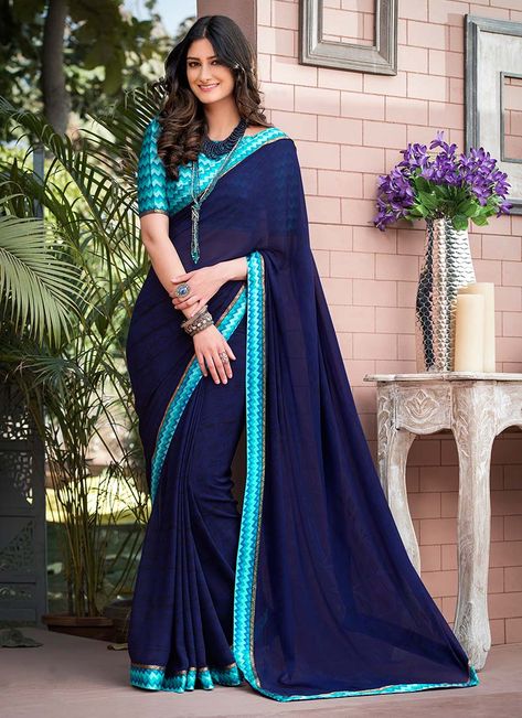 Navy Blue Georgette Saree Dark Blue Silk Saree, Navy Blue Saree, Blue Silk Saree, Chanderi Silk Saree, Satin Saree, Designer Sarees Online, Blue Saree, Cream Colour, Stylish Sarees