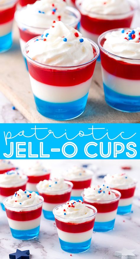 Patriotic Layered Jell-O Cups #4thofjuly #patriotic #nobakedesserts #jelloshots #jellocups #layeredjello #jello #4thofjulyrecipes #partyfood #4thofjulyparty #america #usa #nobake 4th Of July Jello Cups For Kids, Blue Jello Cups, Red White And Blue Jello, Blue Recipes, Jello Cups, Blue Jello, Patriotic Food, 4th Of July Desserts, Dessert Aux Fruits