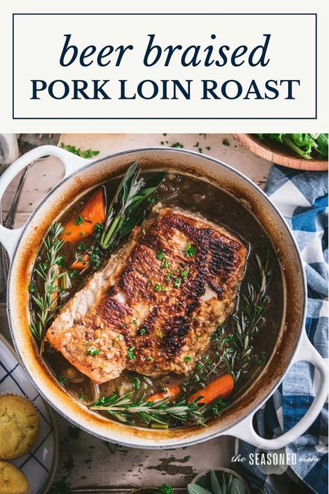 Tender and juicy, this beer-braised pork loin roast transforms an affordable cut of meat into a delicious comfort food dinner. Prepare it in a Dutch oven or in a Crock Pot, and finish it off with a quick pan gravy and a side of cornbread! Braised Pork Loin Dutch Ovens, Pork Loin In Dutch Oven, Pork Roast Recipes Dutch Oven, Pork Loin Dutch Oven, Pork Roast Dutch Oven, Pork Loin In Oven, Dutch Oven Pork Loin, Dutch Oven Pork Roast, Braised Pork Loin