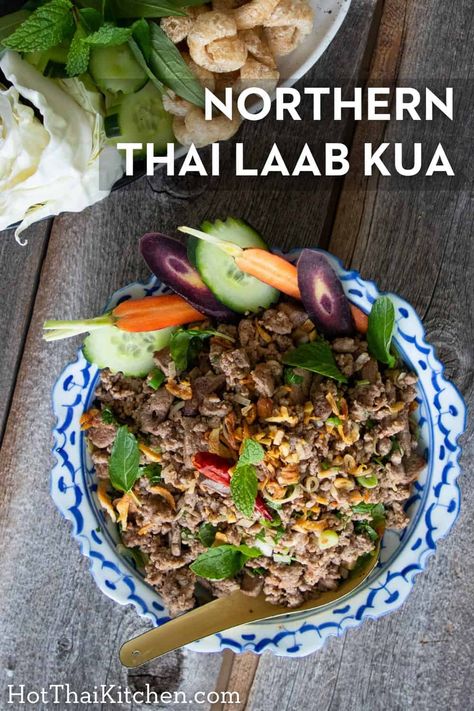 You've probably never seen this kind of laab before. An iconic dish of northern Thailand, ground pork mixed with loads of spices. Laab Recipe, Thailand Recipes, Lao Recipes, Larb Recipe, Healthy Thai Recipes, Thai Recipes Authentic, Chopped Liver, Thai Salad, Thai Kitchen