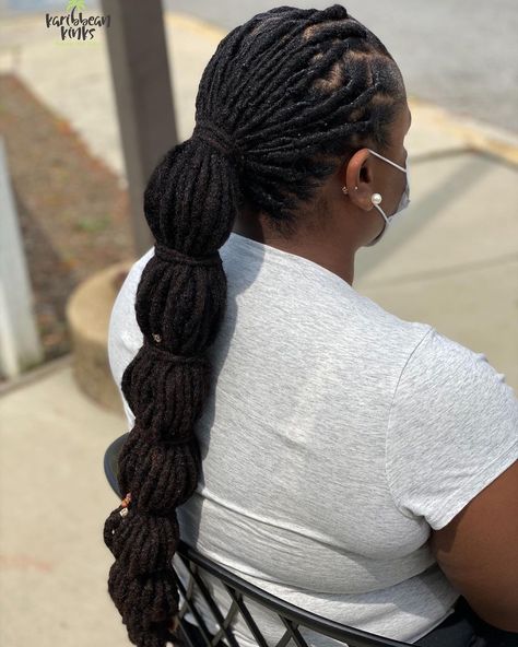 Sherelle Holder™️ on Instagram: “Morning Karibbean’s 💚💚 bubble ponytail ( this is all her hair ) KARIBBEAN KINKS NATURAL HAIR PRODUCTS, available for purchase at the salon…” Long Locs Ponytail, Bubble Ponytail Locs, Long Loc Ponytail Styles Dreadlocks, Loc Bubble Ponytail, Loc Ponytail Styles Black Women, Wedding Loc Styles, Loc Ponytail, Dread Styles, Locks Hair