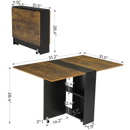 Latitude Run® Folding Dining Table With 6 Wheels, Folding Kitchen Table With 2-Layer Storage Shelf, Space Saving Dining Table For Small Apartment, Chestnut And Gray | Wayfair Drop Leaf Tables, Folding Kitchen Table, Tables For Small Spaces, Leaf Tables, Folding Kitchen, Space Saving Dining Table, Foldable Dining Table, Space Saving Table, Expandable Table