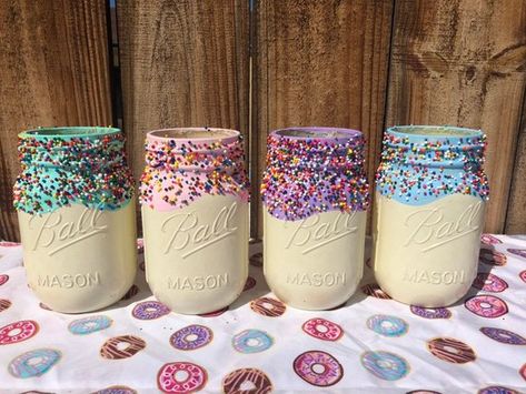 Ice Cream Mason Jars, Mason Jar Ice Cream, Donut Party Decorations, Donut Theme Party, Ice Cream Party Theme, Donut Themed Birthday Party, Grown Up Parties, Donut Decorations, Birthday Donuts