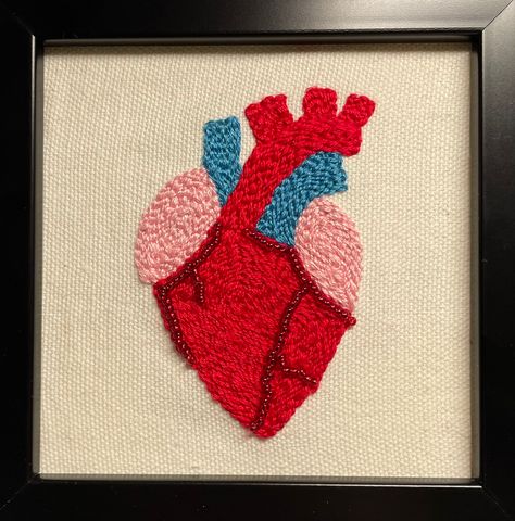 Heart punch needle with beading Heart Punch Needle, Anatomical Heart Embroidery, Heart Real, Heart Embroidery, Anatomical Heart, Needle Punch, Punch Needle, Beading, Embroidery