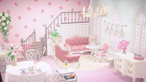 Acnh Pink Interior, Animal Crossing House Interior Ideas Pink, Pink House Animal Crossing, Animal Crossing Pink Interior, Acnh Pink Aesthetic, Acnh Living Rooms Ideas Pink, Acnh Pink Kitchen, Animal Crossing Living Room Ideas Pink, Acnh Island Ideas Fairycore