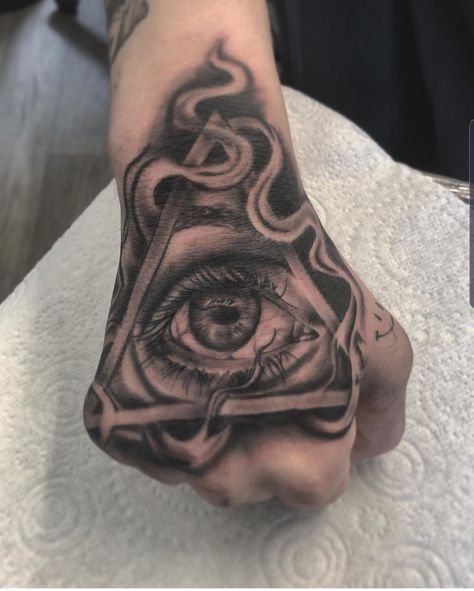 Eyeball Hand Tattoo, Eye Hand Tattoo Men, All Seeing Eye Tattoo Men, Triangle Eye Tattoo, Hand Eye Tattoo, Seeing Eye Tattoo, Knuckles Tattoo, Ojo Tattoo, Michael Myers Tattoo