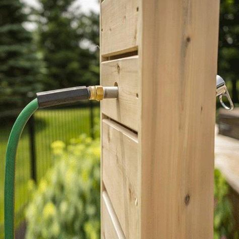 Provides a garden hose-ready connection to your outdoor shower. Outside Showers Diy, Outside Shower Ideas Backyards, Outside Shower Ideas, Diy Outdoor Shower Ideas, Shower Hardware, Sauna Ideas, Eastern White Cedar, Outside Showers, Canadian Hemlock