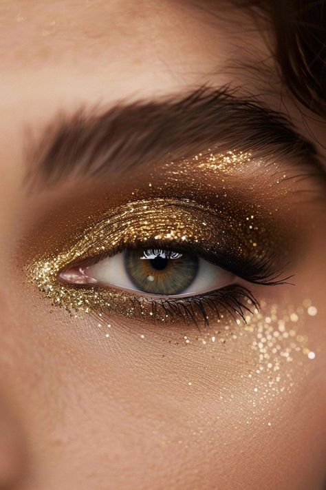 Disco Party Eye Makeup, Brown And Gold Makeup Looks, Brown And Gold Makeup, Aphrodite Photoshoot, Gold Shimmer Makeup, Makeup Ideas Gold, Brown And Gold Eyeshadow, Gold Foil Makeup, Aphrodite Makeup