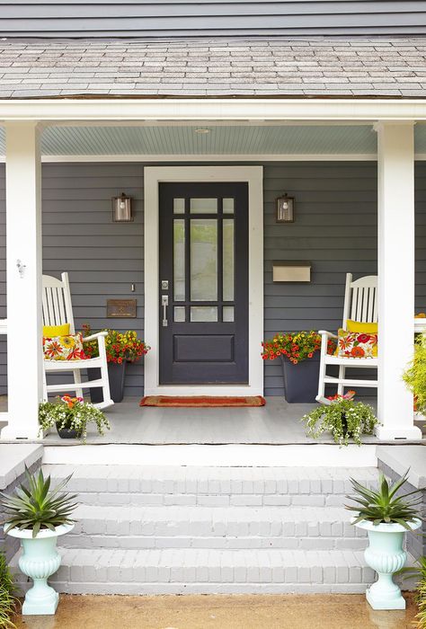 A small front porch can live just as big and beautifully as expansive decks and patios. All that's needed is a little know-how. Our small front porch ideas will help you turn compact outdoor square footage to your advantage. #smallporch #patios #frontporchdecor #ideas #bhg Furniture Top View, Curb Appeal Inspiration, Prehung Exterior Door, Gray House, Porch Columns, Small Front Porches, Casa Exterior, Farmhouse Front, Small Porches