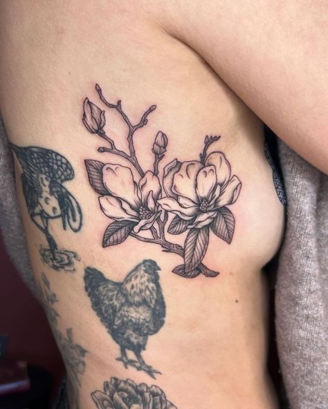 tattoos • Instagram Magnolia Hand Tattoo, Bird And Magnolia Tattoo, Magnolia Rib Tattoo, Magnolia Tattoo Ribs, Magnolia Hip Tattoos Women, Botanical Tattoo Vintage, Skull And Magnolia Tattoo, Vintage Botanical Tattoo, Carnivorous Plant Tattoo