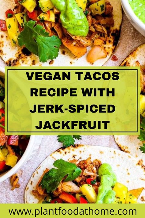 Jerk Jackfruit, Vegan Tacos Recipes, Vegan Tacos Meat, Vegan Jackfruit, Jackfruit Tacos, Canned Jackfruit, Jackfruit Recipes, Meat Replacement, Creamy Avocado Sauce