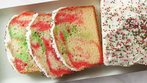 This cute loaf with a green and red swirl is festive enough to put any Scrooge in the holiday mood. Even though it looks like a complicated work of jolly art, we promise this marbled cake is easier to make than you may think! Mini Loaf Cakes, Loaf Cake Recipes, Holiday Sprinkles, Mini Loaf, White Cake Mixes, Bread Recipes Sweet, Monkey Bread, Loaf Cake, Loaf Bread