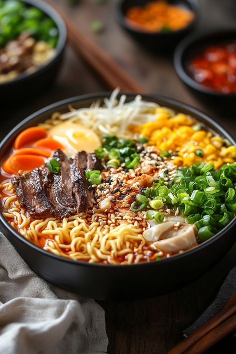 Bowl of ramen with sliced beef, boiled egg, corn, sliced carrots, green onions, bean sprouts, and seasoning. Korean Ramen Recipes, Instant Ramen Noodle Recipes, Simple Ramen Recipes, Kimchi Ramen Recipe, Buldak Ramen Recipe, Easy Ramen Recipes, Fancy Ramen, Ramen Ideas, Korean Noodle Recipes