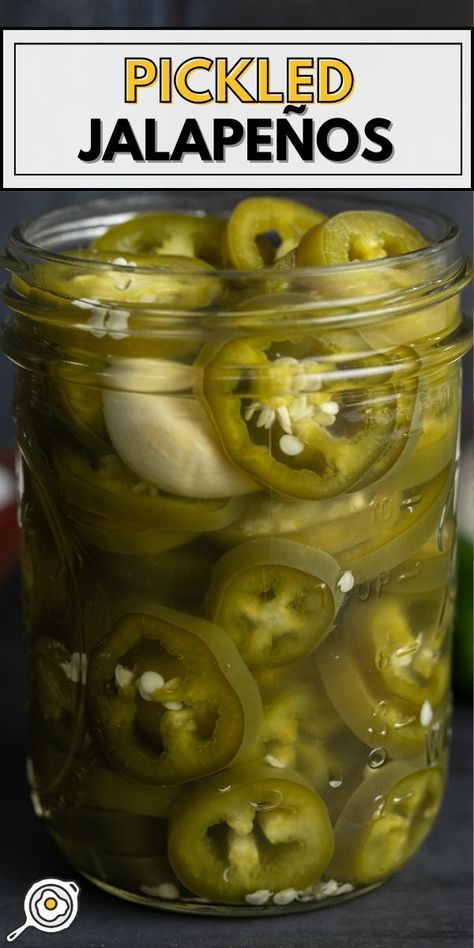 photo of a mason jar full of pickled jalapeños and a clove of garlic with recipe title block at the top. Canning Diced Jalapeno Peppers, Canning Pickled Jalapenos, Easy Pickled Jalapenos Recipe, Pickled Jalepeno Recipes, Pickled Jalapenos Recipe Canning, Pickled Whole Jalapenos Recipe, Quick Pickled Jalapenos, Pickled Jalapenos Recipe, Mason Jar Pickles