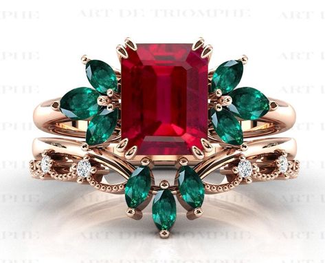 Emerald And Ruby Ring Vintage, Ruby And Gold Engagement Ring, Ruby Emerald Ring, Emerald And Ruby Ring, Ruby And Emerald Ring, Ruby Wedding Ring Set, Ruby Engagement Ring Set, Ruby Wedding Ring, Vintage Emerald Engagement Ring