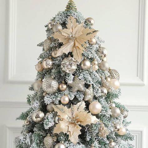 Amazon.com: Tesochye 54 Pcs Christmas Tree Ball Ornaments Set, Champagne Plastic Hanging Decorations Balls with Artificial Christmas Flowers Set,Christmas Tree Pendants Xmas Tree Ornaments Decoration : Home & Kitchen Modern Neutral Christmas Decor, White And Champagne Christmas Tree, Flocked Trees Decorated, Tiffany Christmas, Champagne Christmas Tree, Elegant Christmas Tree Decorations, Xmas Tree Ornaments, Pine Nut, Elegant Christmas Trees