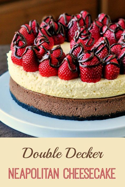 Double Decker Neapolitan Cheesecake - Don't want Pie for Thanksgiving dessert? There's always cheesecake! ...and this one's a knockout! Double Decker Cheesecake, Neapolitan Cheesecake, Chocolate Ganache Drizzle, Pie For Thanksgiving, Celebration Desserts, Valentine Days, Rock Recipes, Cheesecake Chocolate, Cookies Chocolate