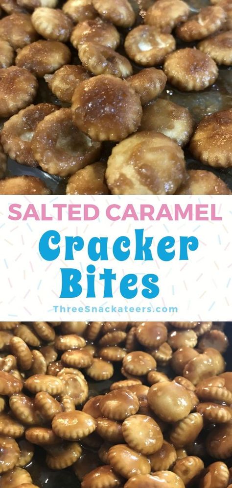 Sweet, salty, crunchy, buttery and perfectly poppable! This simple snack recipe uses oyster crackers and covers them in a decadent salted caramel glaze that hardens like a delicious toffee.   #sweetandsalty #snack Carmel Oysters Crackers, Sweet Oyster Cracker Recipe, Salted Carmel Oyster Cracker, Oyster Crackers Sweet, Salted Caramel Cracker Bites, Oyster Cracker Snack, Party Snacks Easy Appetizers, Oyster Cracker, Cracker Bites