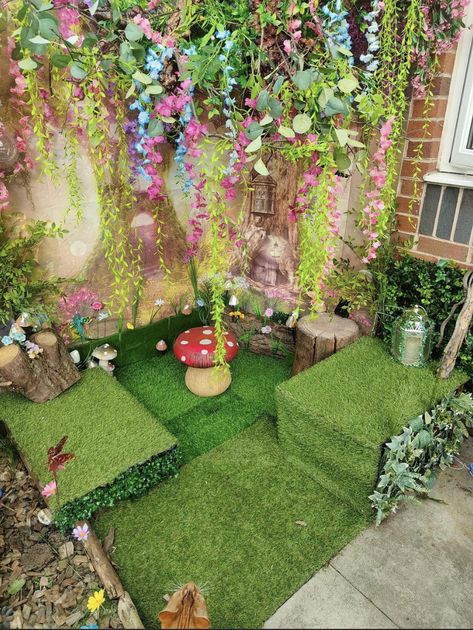 Diy Fairy Playhouse, Fairy Garden Backdrop Ideas, School Fairy Garden, Kids Outdoor Fairy Garden Play Area, Fairy Garden Playroom, Fairy Cottage Playhouse, Secret Garden Ideas For Kids, Fairy Playroom, Fairy Classroom Theme