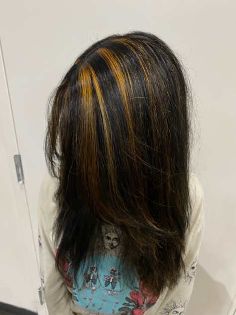 vivid orange chunky highlights on black hair. Paul mitchell color XG 1N & colorways yellow/red combo to make halloween orange Orange Chunky Highlights, Chunky Highlights On Black Hair, Black Hair With Orange Highlights, Black Hair With Orange, Hair With Orange Highlights, Highlights On Black Hair, Paul Mitchell Color, Orange Highlights, Chunky Highlights