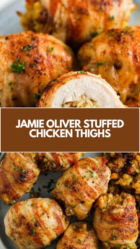 Jamie Oliver Stuffed Chicken Thighs are made with boneless chicken thighs, bacon, stuffing mix, garlic powder, paprika, and salt & pepper. This easy Stuffed Chicken Thighs Wrapped In Bacon recipe creates a delicious dinner that takes about 45 minutes to prepare and can serve up to 4 people. Stuffed Chicken Thighs Baked, Boneless Thigh Recipes, Easy Stuffed Chicken, Bacon Stuffing, Stuffed Chicken Thighs, Wrapped In Bacon, Bacon Recipe, Jamie Oliver Recipes, Boneless Chicken Thigh Recipes