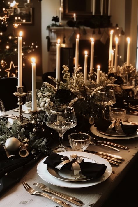 Formal Christmas Dinner, Black Tie Christmas, Black Tablecloths, Christmas Table Setting Ideas, Christmas Dinner Table Settings, Black Christmas Decorations, Black Gold Christmas, Tall Candles, Dinner Party Table Settings