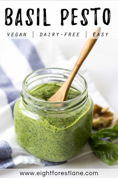 This is my favourite recipe for homemade vegan basil pesto. Using just 5 ingredients, this pesto is so simple and flavourful you will never want to buy it from the store again! #pesto #vegan #dairyfree Vegan Basil Pesto, Creamy Coconut Curry, Vegan Pesto Recipe, Super Easy Appetizers, Homemade Pesto Recipe, Pesto Vegan, Basil Pesto Recipes, Vegan Pesto, Vegan Sauces