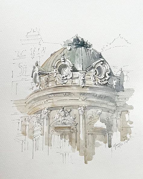 Watercolor sketch of the Opéra Garnier in Paris | 𝐚𝐫𝐭 & 𝐩𝐡𝐨𝐭𝐨𝐠𝐫𝐚𝐩𝐡𝐲 | 𝐎𝐥𝐢𝐚 𝐒𝐚𝐮𝐧𝐝𝐞𝐫𝐬 (@oliasaunders) on Instagram Drawings Of Buildings Architecture, Watercolor Architecture Sketches, Watercolor Drawings Aesthetic, Art Of Buildings, Building Sketches, Paris Sketch, Water Colour Art, Architecture Watercolor, Architectural Painting