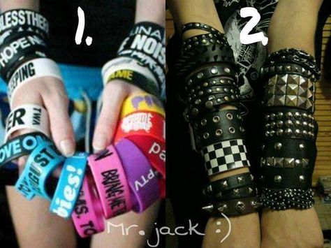 Emo bracelets Emo Jewelry, Scene Punk, Band Bracelets, Scene Goth, Tattoo Wrist, Scene Outfits, Scene Fashion, Scene Kids, Emo Outfits