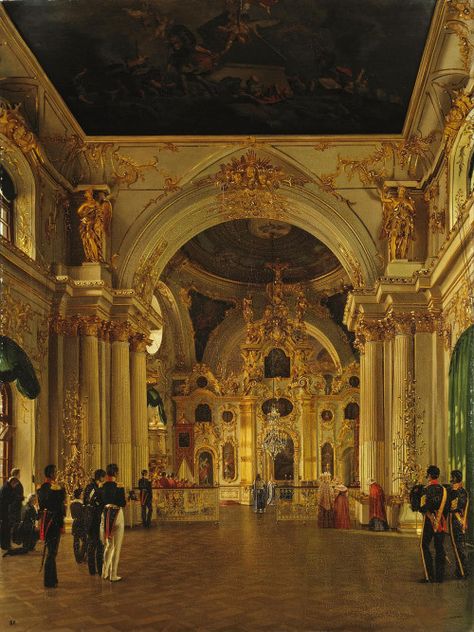 “The Interior of the Great Church of the Winter Palace” 19 Century Aesthetic, Winter Palace St Petersburg, 19th Century Aesthetic, The Winter Palace, Once Upon A December, Palace Interior, Castle Mansion, Winter Palace, Romanov Dynasty