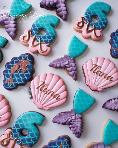 Mermaid Theme Cookies, Mermaid Sugar Cookies Royal Icing, Mermaid Iced Cookies, Pastel Mermaid Cookies, Seafairy Cookie, Mermaid Cookies, Mermaid Birthday Party Decorations, Magical Mermaid, Mermaid Birthday Cakes