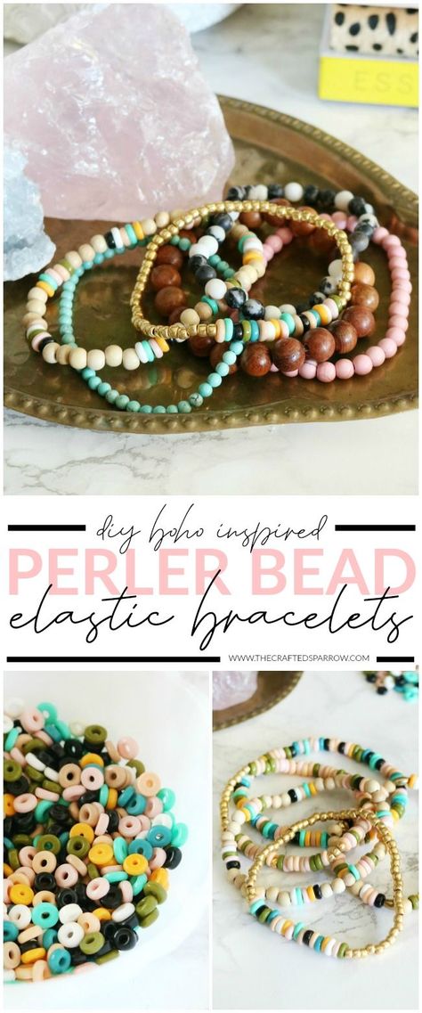 DIY Boho Inspired Perler Bead Elastic Bracelets  |  #perlerbeads #bracelet #jewelry #DIY #kidscraft #boho #jewelrycraft Elastic Bead Bracelet Diy, Diy Elastic Bracelets, Seed Bead Jewelry Diy, Diy Boho Jewelry, Glass Bead Jewelry Diy, Kids Jewelry Diy, Boho Jewelry Diy, Elastic Bracelets, Jewellery Business