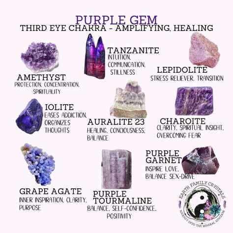 Purple Stones Crystals, Geology Rocks Mineral, Stone Meanings, Gemstones Chart, Rock Tumbling, Crystal Uses, Charge Crystals, Wiccan Altar, The Third Eye