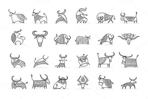 Funny sketch bull collection. Lunar by Kudryashka on @creativemarket Cow Template, Funny Sketches, Card Invitation, Horoscope Signs, Ox, Happy New, Happy New Year, Poster Design, Cow